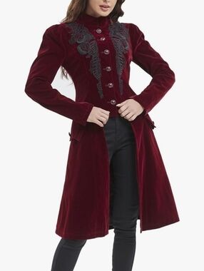 Velvet Embroidered Long Coat - Burgundy